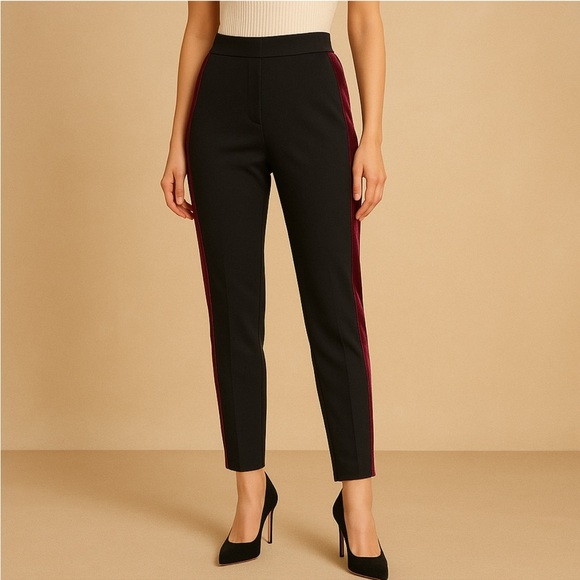 Laundry By Shelli Segal HRise Black Slim Fit Pants w/ Plum Velvet Tuxedo Stripe - Picture 2 of 8